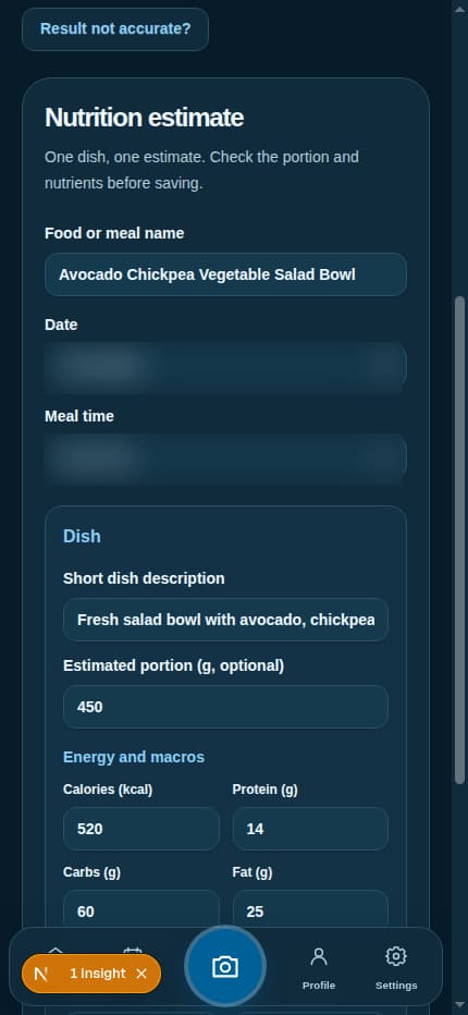 Nourish meal photo analysis result with editable nutrient estimates