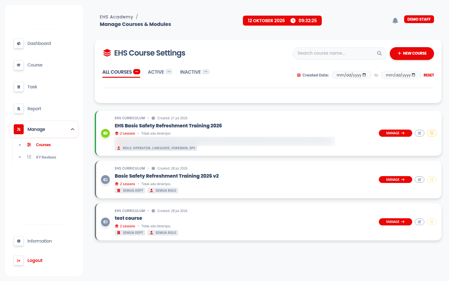 EHS Academy course settings and module management