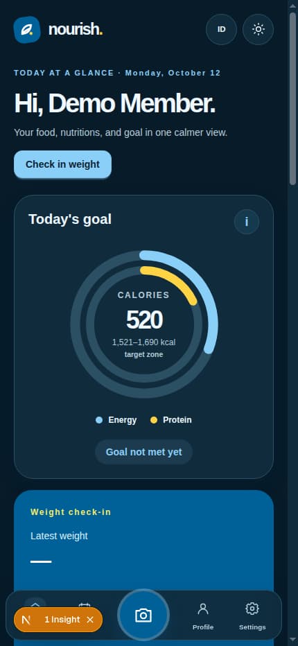 Nourish daily tracker with a demo meal and nutrition goal
