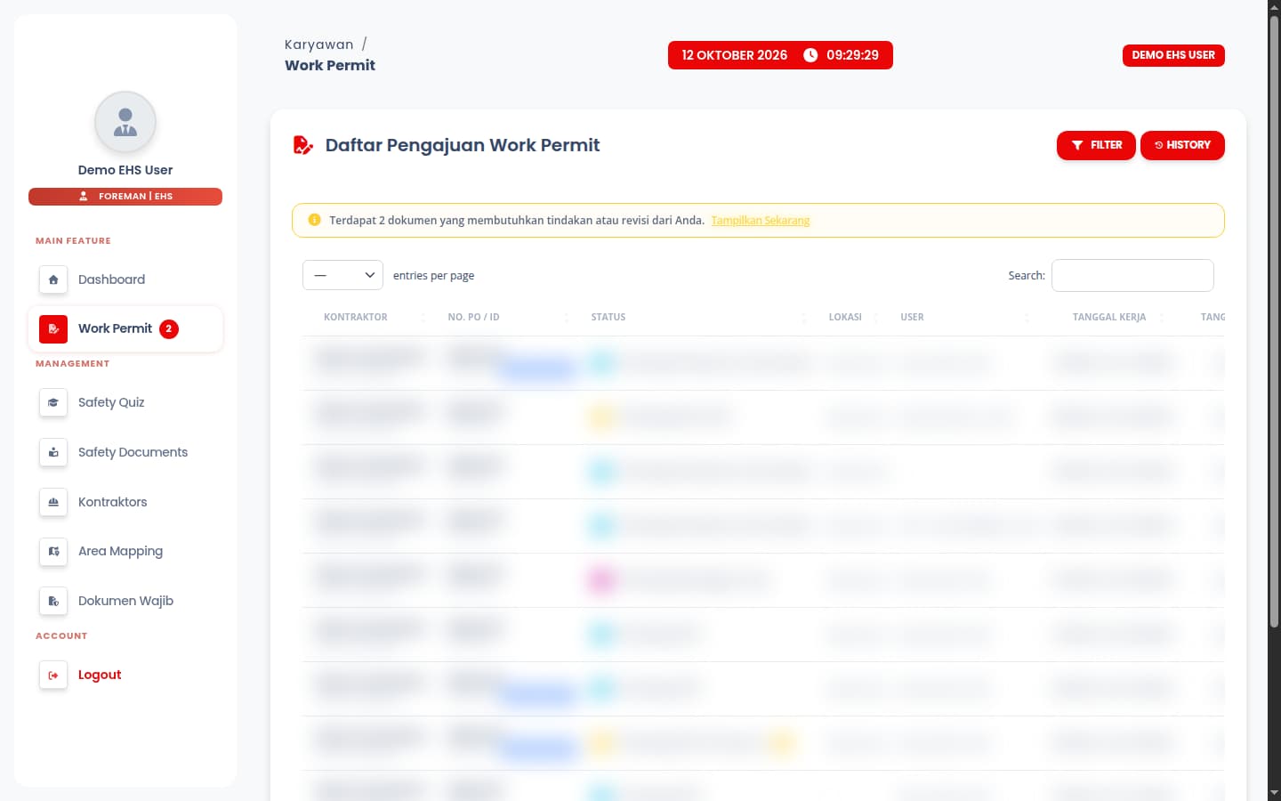 Sanitized Work Permit request list and filters